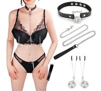 Nipple Clamps with Collar and Leashes Set for Adult Play, ZEOABSY Adjustable Nipple Clips with Bells and Leather Neck with Chain, Slave Leather Restraint SM Sex Toys Flirt for Women Men (Style A)