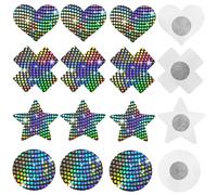 Nipple Covers Disposable, 16 Pcs Shiny Sequin Breast Covers Self-adhesive Heart Round Star Cross Invisible Nipple Breast Patches Black Nipple Stickers for Women Girls Party Accessory (Style 1)