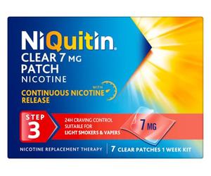 NiQuitin Clear Nicotine Patches Step 3 7mg, Pack of 7 (1 Week) | Stop or reduce smoking or vaping, final 7mg step after 21mg or 14mg patches, discreet patch, 24-hour craving control