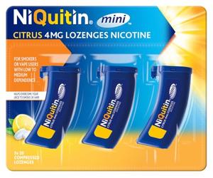NiQuitin Minis Citrus Nicotine Lozenges 4mg, Pack of 60 | Stop or reduce smoking or vaping, 4mg for people who smoke more than 20 cigarettes daily, citrus, relief starts in 3 minutes