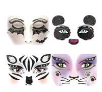 Nirbffo Black Shining Bat Face Sticker Panda Zebra Cat Glittering Animal Decoration Stickers for Stage Performance Cosplay Props 4Sheets