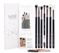 Niré Beauty Eye Brush Set, Fluffy Eyeshadow Blending, 8pc, Rose Gold | crease, smudger, liner, angled brow heads, tweezers, drawstring bag, vegan, award-winning British brand, gift boxed