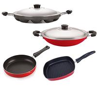 Nirlon Stain Resistance 4 Piece Non-Stick Aluminium Kitchenware Combo Essential Gift Set Item, FP10_AP12_AC_GP22.5