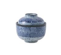 NIRNHYRUR Ceramic dinnerware Japanese Retro Home Simple Creative Personality Texture Ceramic Steamed Egg Bowl-sea Ripple(Plaid (one Bowl and one Cover))