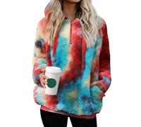 Nirovien Womens Sherpa Pullover Oversized Fuzzy Hoodie Double Fleece Sweatshirts Fluffy Buffalo Plaid Outerwear, A-red Blue, XXL