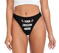 Nirusetty Custom Thong For Women With Your Photo Text Logo, Personalised Thong Bikini Knickers For Women With Photo Face, Funny Customized Gift For Her Midnight Black