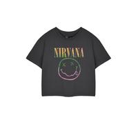 Nirvana Womens Grey Cropped Short Sleeved T-Shirt | Rainbow Logo Graphic Crop Top | Grunge Band Vintage Apparel | Ladies Music Merchandise Gift