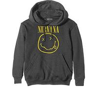 (2XL) Nirvana Hoodie Yellow Smiley Band Logo new Official Mens Charcoal Grey Pullover
