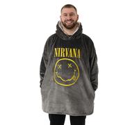 Nirvana Mens Wearable Blanket Hoodie | Adults Grey Hooded Pullover Logo Face Graphic Print | One Size Sherpa Lined Rock Band Loungewear | Classic Grunge Band Music Merchandise Gift