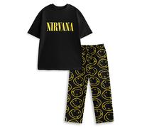 Nirvana Mens Black Short Sleeve Long Leg Pyjama Set | Classic Crew Neck Nightwear with Logo | Music-Themed Sleeping & Lounging Outfits Merch - Medium