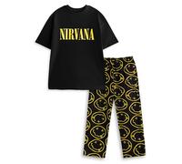 Nirvana Mens Black Short Sleeve Long Leg Pyjama Set | Classic Crew Neck Nightwear with Logo | Music-Themed Sleeping & Lounging Outfits Merch - Medium