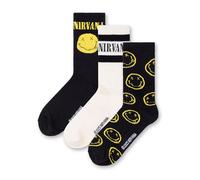 Nirvana Mens Black, White & Yellow Calf Socks Set of 3 | Classic Logo 3 Pack with Smiley Face Design | Everyday Wear Socks | Music Band Merchandise Merch