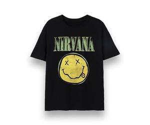 Nirvana Mens T-Shirt | Adults Short Sleeve Graphic Tee in Black | Classic Grunge Distressed Green Band Logo Print & Face Apparel Top | Vintage Rock Band Merchandise Gift