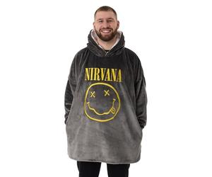 Nirvana Mens Wearable Blanket Hoodie | Adults Grey Hooded Pullover Logo Face Graphic Print | One Size Sherpa Lined Rock Band Loungewear | Classic Grunge Band Music Merchandise Gift