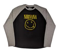 Nirvana Raglan T-Shirt: Yellow Happy Face (Black & Grey) OFFICIAL NEW