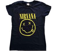 Nirvana T Shirt Yellow Smile Band Logo new Official Womens Skinny Fit Navy Blue
