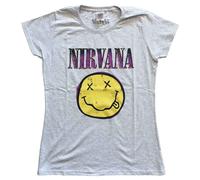 Nirvana T Shirt Smiley Pink Band Logo Official Womens Skinny Fit Heather Grey XXL