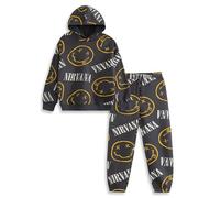 Nirvana Unisex Kids Dark Grey and Yellow Sweatshirt and Joggers Set | Long Sleeve Crew Neck with Cartoon Logo | Streetwear Loungewear for Active Play Merch - 11-12 Years