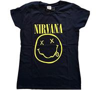 Nirvana T Shirt Yellow Smile Band Logo new Official Womens Skinny Fit Navy Blue