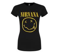 Nirvana Yellow Happy Face Ladies Black T-Shirt
