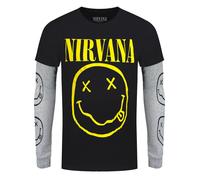 Nirvana Yellow Happy Face Men's Black & Grey Layered Long Sleeve T-Shirt