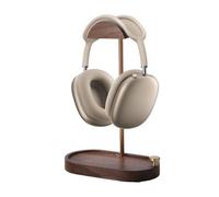 NIRVASH Headphone Stand Wood, Wooden Headset Stand for Desk, Walnut Headphone Holder with Storage Base Compatible with Airpod max, Bose, Razer, Sennheiser, Shure, Jabra, JBL, AKG, Brass
