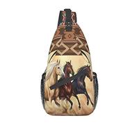 NISENASU Horse Pattern Sling Bag Crossbody Backpack,Aztec Boho Ethnic Style Western Horse Chest Bag Three Horses Run In Desert Sandstorm Adjustable Shoulder Backpack Travel Hiking Casual Daypack