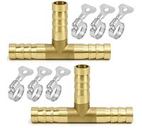 NISENTIA 8mm Brass Barb Splicer Fitting, 2Pcs 3 Ways T-Shaped Fuel Hose Barbed Connector, 3 Way Barbed Pipe Connector with Stainless Steel Pipe Clamps for Water Fuel Gas Air Oil Hose Connection Pieces