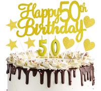NISENTIA Happy 50th Birthday Cake Topper Set, Number 50 Candle 50th Birthday Cake Topper with Heart Star Glitter 50 Years Cakes Picks Decorations for Women Men Cupcake Desserts Pastries Gold