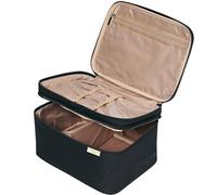 NISHEL Double Layer Travel Makeup Bag with Handle, Large Makeup Bag for Storing Bottles Vertically, Top Layer for Brushes, Tweezers, Eyeliners, Black, L, Stylish