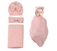 Nishine 35"x33" Newborn Swaddle Blanket with Headband Set Wheat Pattern Swaddle Wrap Receiving Blanket for Baby Boy Girls Sleeping Bag (Pink)