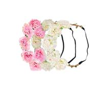 Nishine 3PCS Multicolor Flower Wreath for Baby Girls Kids Floral Garland Crown Headband with Elastic Ribbon for Wedding Party (Ivory/Pink)