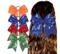 Nishine 4 PACK 8" Girls Large Sequin Cheer Bows Teens Elastic Ponytail Holder Hair Bows Women Hair Band (Sapphire Pack)