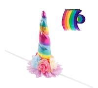 Nishine 8"x5" Long Floral Unicorn Horn Headband + 18 PCS Pony Mane Hair Tinsel for Making Your Horse a Unicorn Holloween Wedding Party Decor (Rainbow)