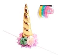 Nishine 8"x5" Long Floral Unicorn Horn Headband + 18 PCS Pony Mane Hair Tinsel for Making Your Horse a Unicorn Holloween Wedding Party Decor (Gold&Turquoise)