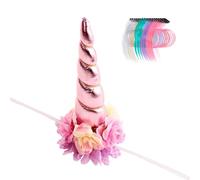 Nishine 8"x5" Long Floral Unicorn Horn Headband + 18 PCS Pony Mane Hair Tinsel for Making Your Horse a Unicorn Holloween Wedding Party Decor (Pink)