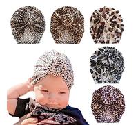 Nishine Newborn Bow Knotted Turban Hats for Baby Girls Cute Soft Leopard Donut Hospital Hat Infant Nursery Indian Beanie Headwrap Set