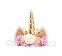 Nishine Roses Floral Unicorn Horn Headband Elastic Baby Girls Unicorn Hairband Party Supplies (Gold&Ivory)
