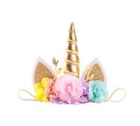 Nishine Roses Floral Unicorn Horn Headband Elastic Baby Girls Unicorn Hairband Party Supplies (Gold&Pink)