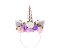 Nishine Unicorn Headband Nonwoven Flowers Cat Ears Pony Head Bands Tiara Glitter Horn for Cosplay Unicorn Party Supplies (Silver,ivory)