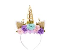 Nishine Unicorn Headband Nonwoven Flowers Cat Ears Pony Head Bands Tiara Glitter Horn for Cosplay Unicorn Party Supplies (Gold,turquoise)