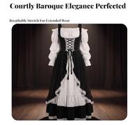 Nishiyuenyi Women Retro Dress Featuring Gathered Neckline Chaste White Long Sleeves Front Corset Lacing Decorative Trim For Stage Performance Themed Event Medieval Style, Black, XL