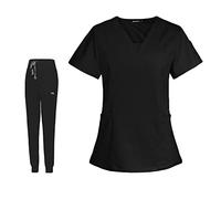 Nishiyuenyi Women's Nursing Suit, Work Suit, Jogging Pants, Scrub Top, Breathable Material, Comfortable to Wear, for Wellness Center, Hospital, Nursin, Black, XL