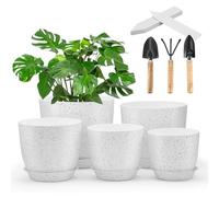 NISHZHU 5 Pack Plant Pots Indoor, 18/16/14/12.5/11.5cm Stripe Grooves Plastic Flower Pots with Drainage Holes and Tray, Modern Decorative Planter Pot for All House Plants