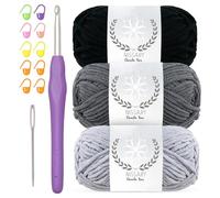 Nissary Chenille Yarn for Crochet - Soft Plush Velvet Yarn 3x50g with 5mm Hook,Thick Fluffy Wool for Crochet Blanket Making Chunky Wool -Ideal for Beginners (Black+Grey+Grey)