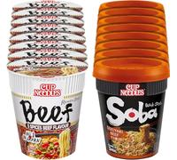 NISSIN Soba Beef Flavour Bundle: Five Spices 8 x 64 g Pot & Wok Style Sukiyaki 8 x 89 g Pot