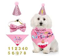 NITAIUN 4 Pcs Dog Birthday Hat Dog Birthday Party Bandana, Puppy Dog Birthday Outfit with Bow Tie Collar and Number, Dog Cat Costumes for Pet Birthday Decorations, Party Decoration Set (Pink)