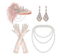 NITAIUN 4 Pieces 1920s Accessories Vintage Headband Necklace Gloves Earrings for Roaring Party Prom Accessories for Women 20's Fashion Flapper Theme Halloween Masquerade(Set R)