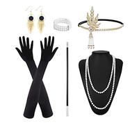 NITAIUN 6 Pcs 1920s Accessories Set Vintage Headband Necklace Gloves Black Holder Earrings Bracelet for Roaring 20s Party Prom Accessories for Women 20's Fashion Flapper Theme Set (Set C)
