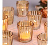 NITIME 8PCS Vintage Ribbed Gold Votive Candle Holders, Glass Candle Holder for Wedding Decorations, Tealight Candle Holder for Table Centerpiece, Diwali, Home and Party Decorations